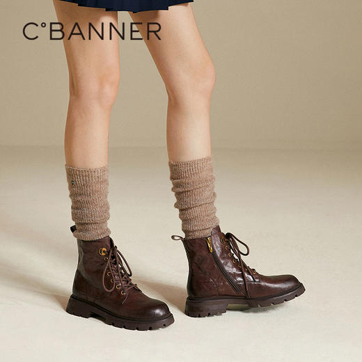 千百度手抓皮厚底马丁靴女美拉德加绒保暖增高短靴子A25568712 商品图4