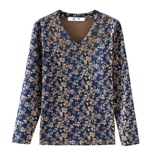 KQL 356H3006长袖V领时尚烫钻花色上衣气质妈妈装 商品图4