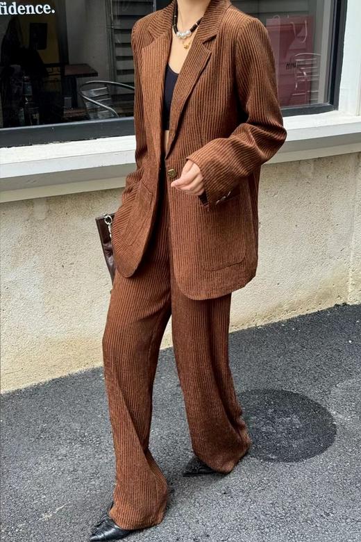 ESTELLICA 经典咖色灯芯绒气质西装阔腿裤套装 21272 商品图0