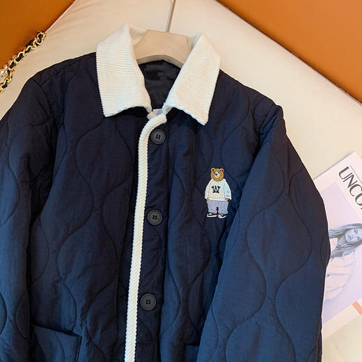 丁摩 美式复古小熊刺绣撞色包边棉服女冬季时尚菱格宽松加厚翻领外套5ZF-11108 商品图3