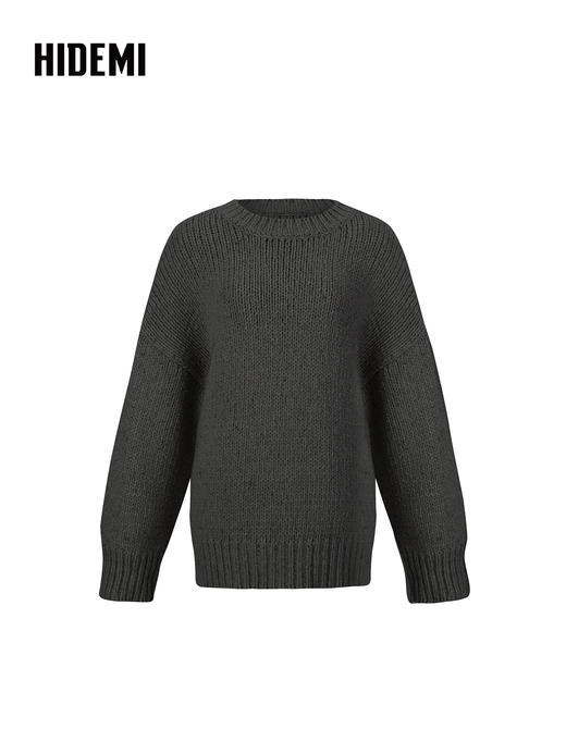 HIDEMI 极简大廓形圆领粗棒针羊驼毛羊毛混纺花纱宽松慵懒毛衣 商品图6