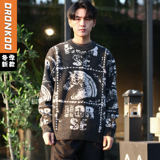 DRONKOO 2025 圆领满幅马加英文字母提花微阔厚毛衣 商品图2