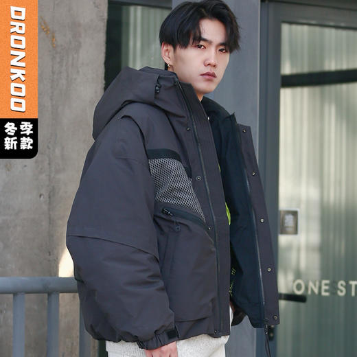 DRONKOO 2025 连帽右织带网布左袋盖织带洗水做旧工装风短款厚羽绒服 商品图3