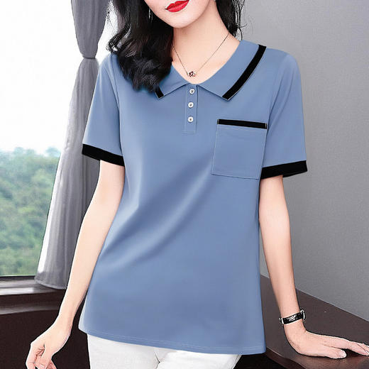 芳妮诗2025夏季新款大码女士T恤胖mm宽松翻领短袖减龄娃娃领上衣 商品图3