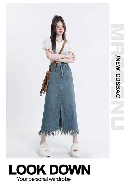 超值特卖-【半裙】复古做旧2133流苏100%棉前开叉牛仔半身裙-喜出 商品图1