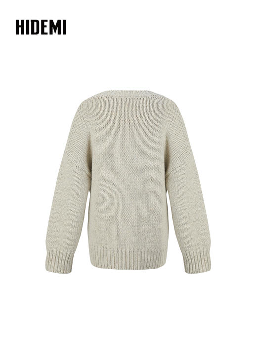 HIDEMI 极简大廓形圆领粗棒针羊驼毛羊毛混纺花纱宽松慵懒毛衣 商品图5