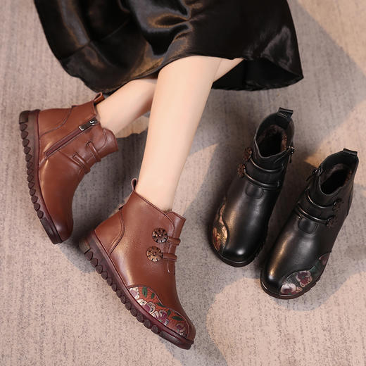 丁摩 真皮软底妈妈棉鞋冬季加绒保暖民族风短靴防滑印花复古女鞋5ZF-930 商品图3