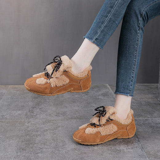 YR 2919真皮复古德训鞋羊羔毛毛休闲鞋系带阿甘鞋加绒棉鞋 商品图2