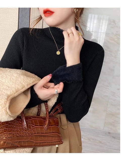 保暖显瘦不臃肿 秋季热卖 加绒款木耳边半高领一体绒毛衣女秋冬季新款内搭打底衫加绒加厚针织衫 商品图3