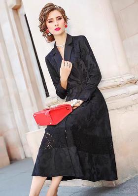 「断码清仓」黑色提花风衣过膝长款收腰外套 L码 ZFYY002