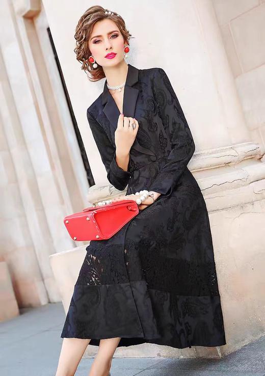 「断码清仓」黑色提花风衣过膝长款收腰外套 L码 ZFYY002 商品图0