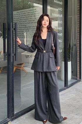 ESTELLICA 通勤气质风无领西装腰带长裤套装 21064