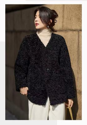 【环保皮草】P11 V领黑色卷卷毛皮毛一体秋冬大衣外套-喜出