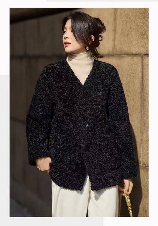 【环保皮草】P11 V领黑色卷卷毛皮毛一体秋冬大衣外套-喜出 商品图0