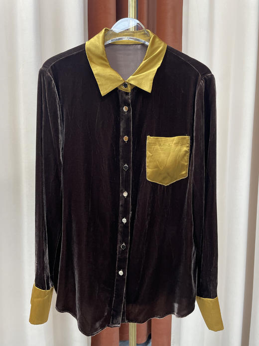 「断码清仓」复古撞色拼接翻领丝绒衬衫ZFYY043/ZFYY044 商品图0