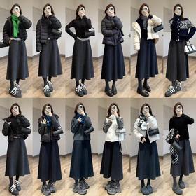 极简平腰羊毛混纺狂遮肉优雅长裙伞裙冬季保暖半身裙