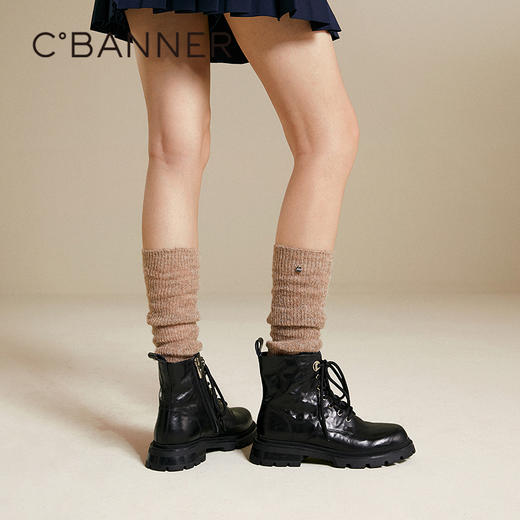 千百度手抓皮厚底马丁靴女美拉德加绒保暖增高短靴子A25568712 商品图3