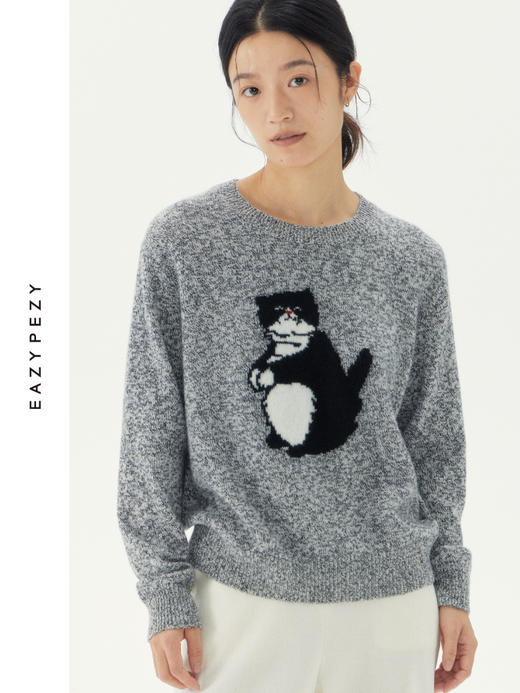 猫咪提花羊绒羊毛套头衫 商品图0
