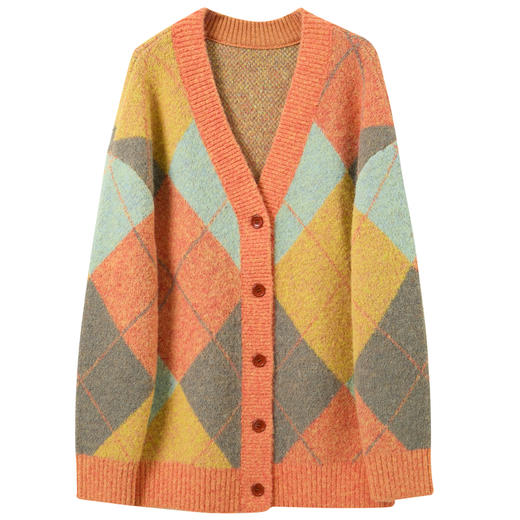 三彩2025冬季新款复古格纹V领开衫针织衫宽松落肩袖外套毛衫休闲M 商品图4