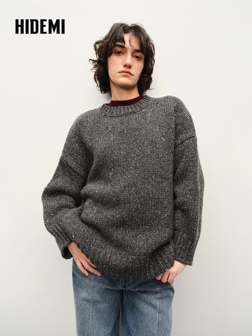 HIDEMI 极简大廓形圆领粗棒针羊驼毛羊毛混纺花纱宽松慵懒毛衣 商品图1