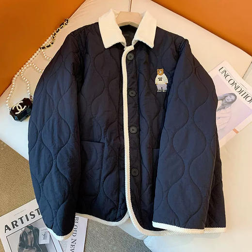 丁摩 美式复古小熊刺绣撞色包边棉服女冬季时尚菱格宽松加厚翻领外套5ZF-11108 商品图1