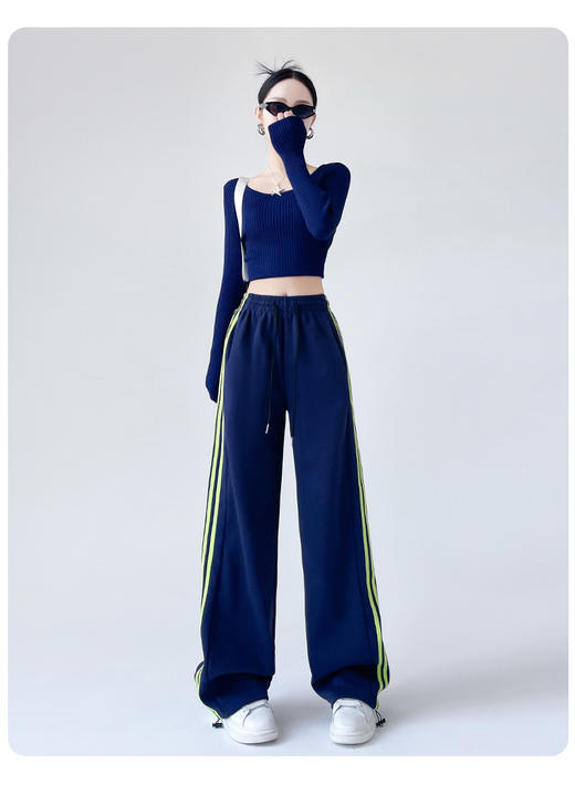 【YW】无忧购 美式运动阔腿裤女高腰垂感慵懒三杠两穿运动裤 H-1592（截单后3-5天发货） 商品图7