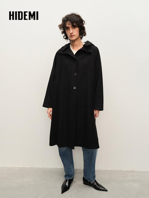 HIDEMI 黑色可拆卸连帽羊毛大衣 商品图1