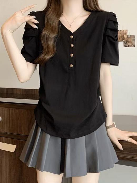 11.11最后促，不参与退货清仓处理！95%粘胶纤维夏季褶皱袖金扣短袖T恤-喜出 商品图0