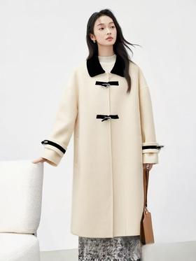 【轻奢双面尼】2525-01（100%绵羊毛）韩版拼色领羊毛双面尼大衣外套-喜出