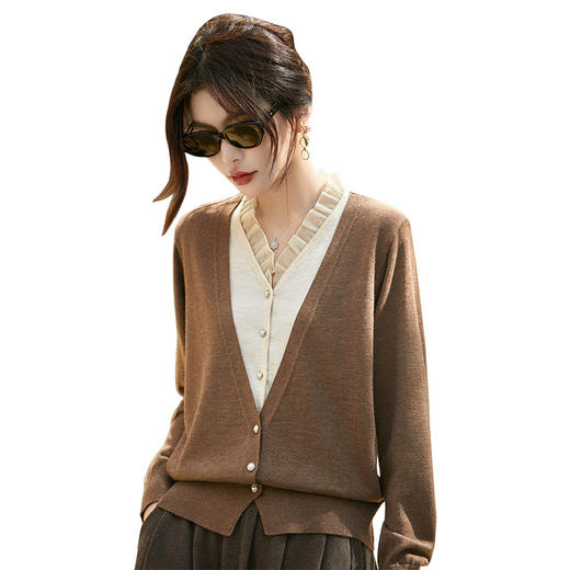 丁摩 假两件针织开衫女秋冬新款V领蕾丝拼接上衣5203 商品图4