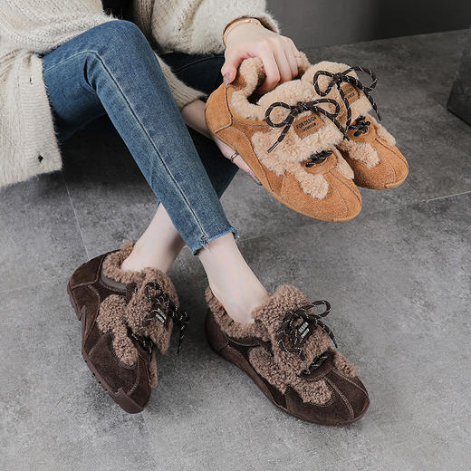 YR 2919真皮复古德训鞋羊羔毛毛休闲鞋系带阿甘鞋加绒棉鞋 商品图0