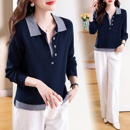 KQL C22N6189拼接假两件时尚气质翻领针织衫 商品图2