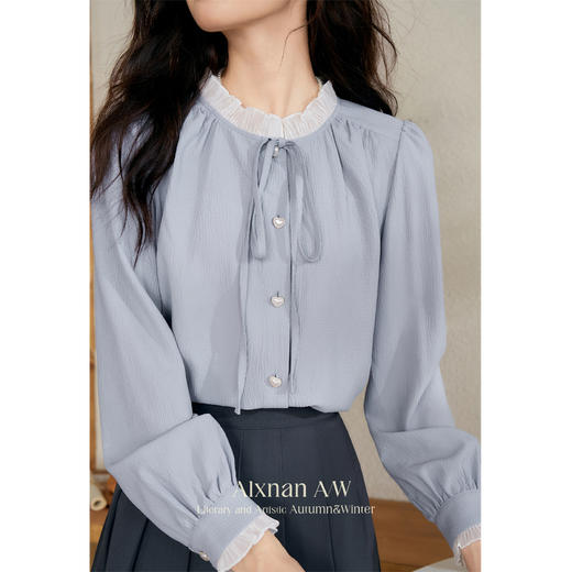 鹿向南「冰岛慕斯」法式蓝色长袖衬衫女秋冬内搭打底衬衣气质上衣 商品图3