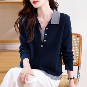 KQL C22N6189拼接假两件时尚气质翻领针织衫