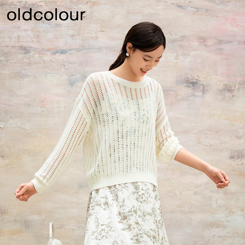 oldcolour欧珂商场同款纯色圆领镂空休闲长袖套头衫女Q130511A1