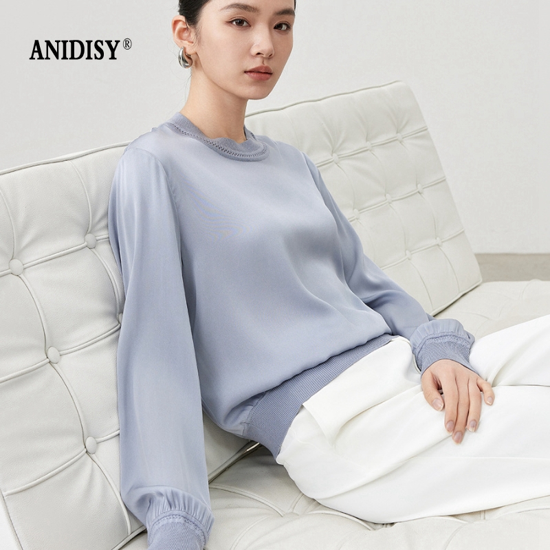 2026春经典圆领长袖休闲套头真丝衬衫