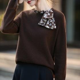 丁摩 蝴蝶结针织衫女新款流行丝巾精纺100羊毛针织打底衫BN860