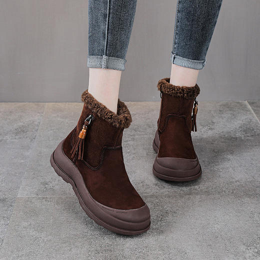 YR 2923真皮加绒复古短靴保暖舒适牛皮厚底雪地靴侧拉链流苏靴 商品图1