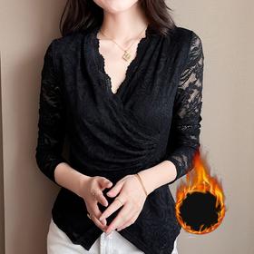 KQL 311H9176加绒V领蕾丝衫遮肚显瘦纯色