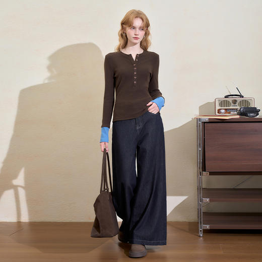 西遇撞色拼接假两件长袖T恤女冬季高弹修身显瘦内搭针织衫V3755290 商品图1