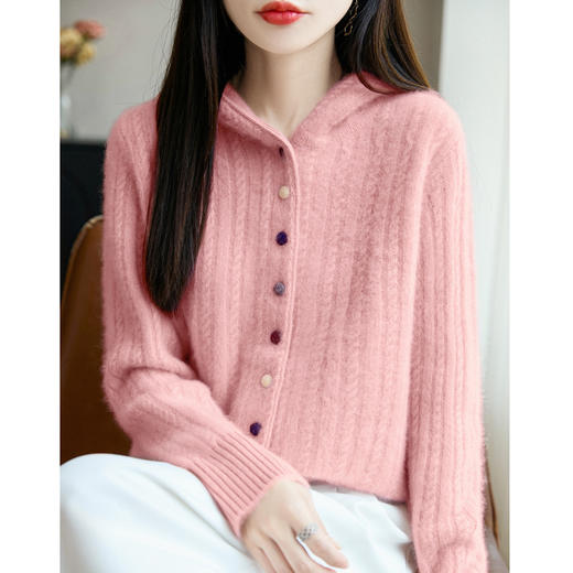 丁摩 纯羊毛开衫秋冬加厚慵懒风连帽卫衣女彩扣绞花毛衣r-252 商品图2