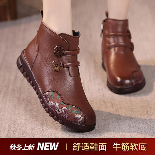 丁摩 真皮软底妈妈棉鞋冬季加绒保暖民族风短靴防滑印花复古女鞋5ZF-930 商品图1