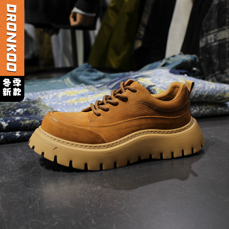 DRONKOO 2025 系带亮皮拼小暗格皮擦色低帮真皮休闲鞋