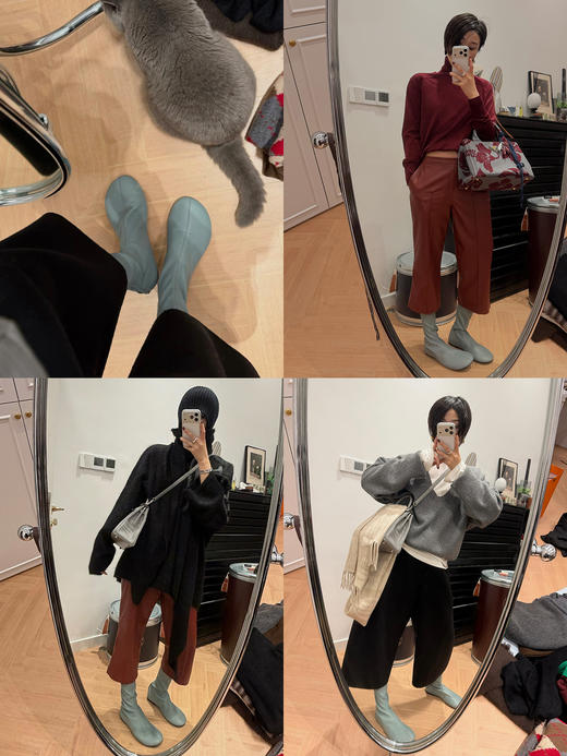 HIDEMI 弹力羊皮圆头中筒靴小众堆叠感平底时装靴袜靴 商品图1