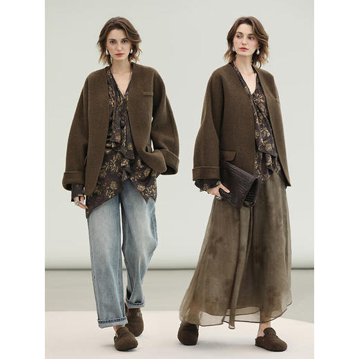 COCOBELLA双面呢手工羊毛大衣女秋冬通勤短款毛呢外套WL3019 商品图2