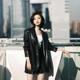 【à perles】绵羊皮真皮西装 超气质修身中长款皮衣女 明星同款