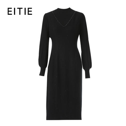 EITIE爱特爱羊毛毛织拼接设计袖子压条毛织收腰显瘦冬季新款连衣裙8407120 商品图6