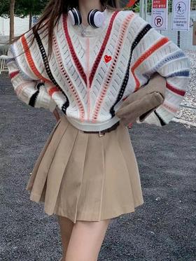 D111119新款复古甜美彩虹条纹镂空钩花设计休闲套头毛衣