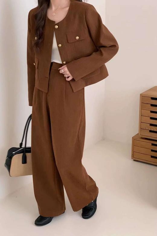 Le Malene 咖色圆领小香风短款外套高腰长裤套装 21348 商品图0