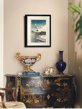 独角鹿西洋古董 1932年日本昭和时代著名新版画大师川濑巴水签名创作木版画作品《春の雪（清水寺）》